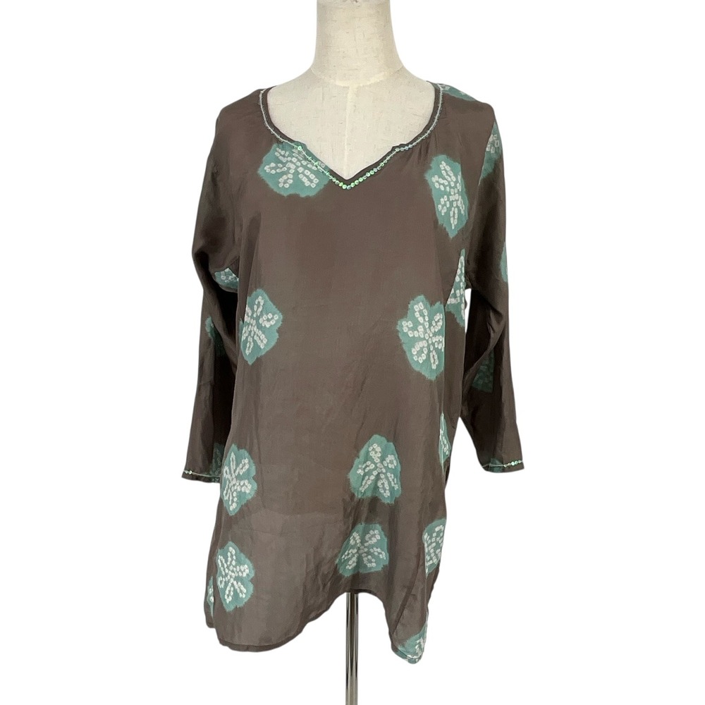 Le Soleil Miami Tunic Top Brown Teal Floral Print‎ Beaded V Neck Women S M